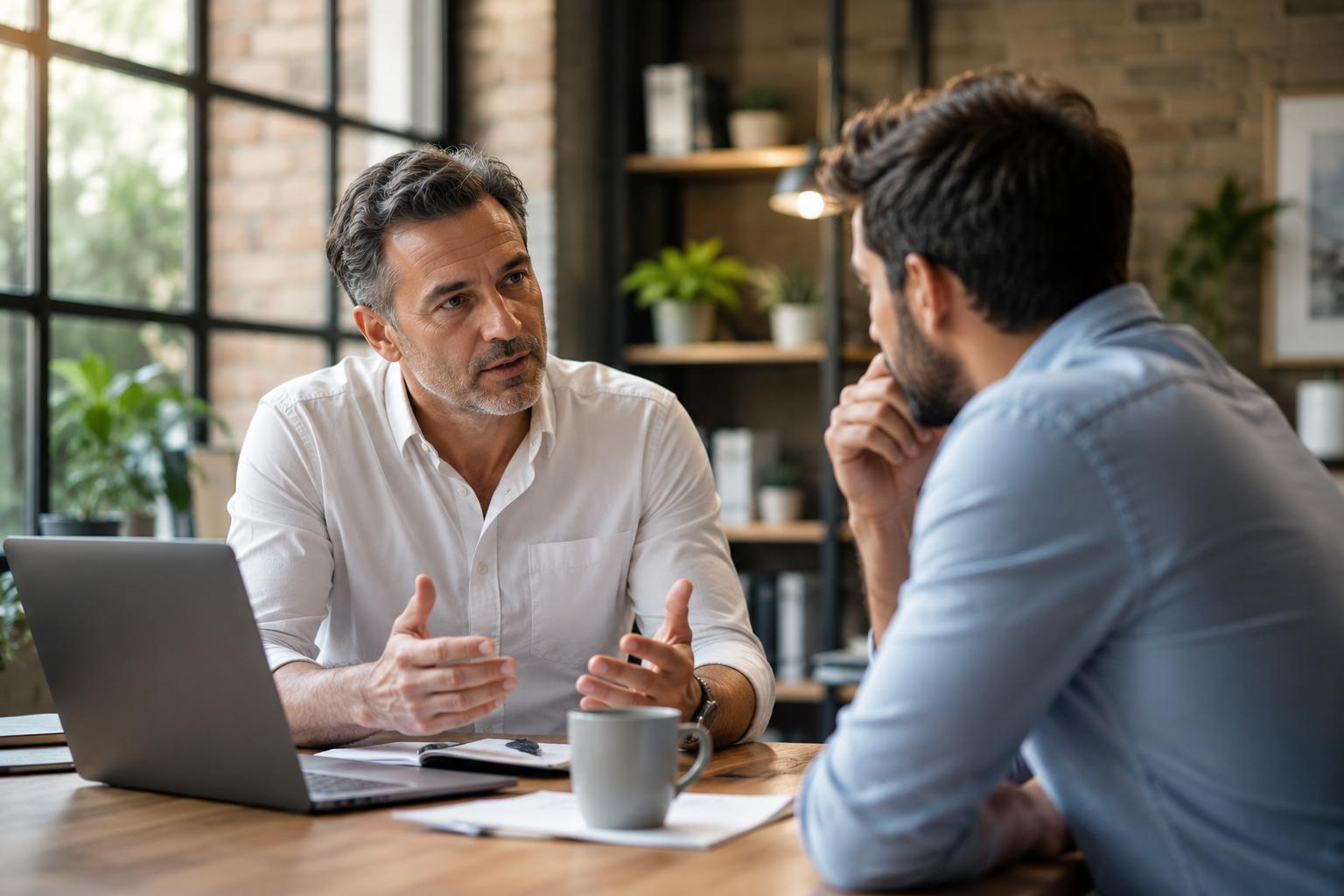 Business owner in a candid AI consulting discussion