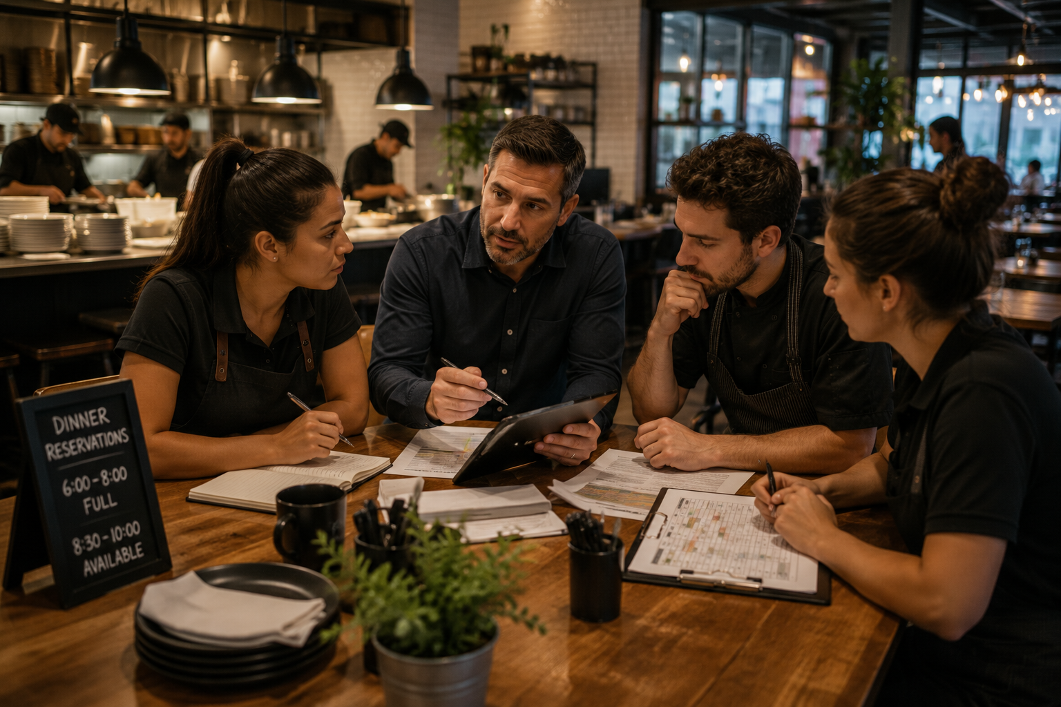 Restaurant operations team reviewing workflows