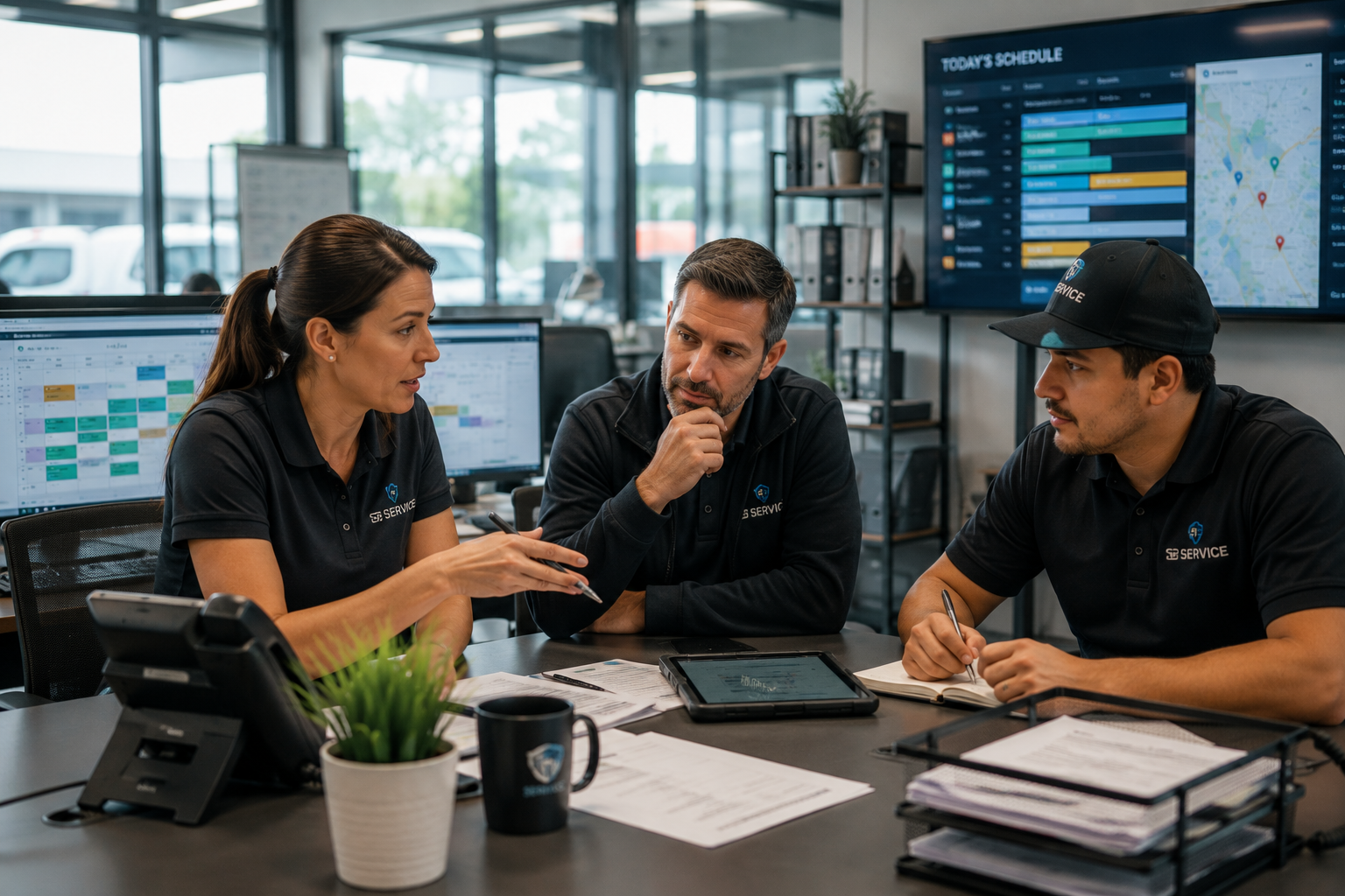 Service business operations team reviewing scheduling and dispatch